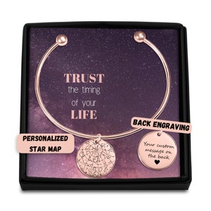 Bracelet jonc personnalisé carte des étoiles réelle, cadeau carte des étoiles personnalisé, carte des étoiles précise par date et lieu, bracelet jonc constellation, bijoux personnalisés pour elle