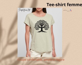 Tee-shirt personnalisé Arbre de vie, coupe femme ample et confortable. Idée cadeau fête des mères, anniversaire, Noel