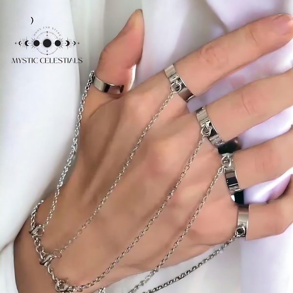Edgy Stainless Steel Rings Set with Linked Chain - Punk Rock Jewelry Collection