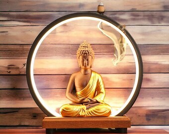 Lampe LED encens bouddha zen - Brûleur à refoulement et veilleuse en céramique - Décoration sereine pour la maison et le studio de yoga