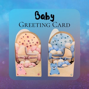 May include: Two baby shower greeting cards with a teddy bear and a baby carriage on each. The card on the left is pink and the card on the right is blue.