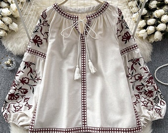 Women's Ukrainian Vyshyvanka Blouse - Floral Embroidered Linen, Boho Style, V-Neck Tassel, Lantern Sleeves