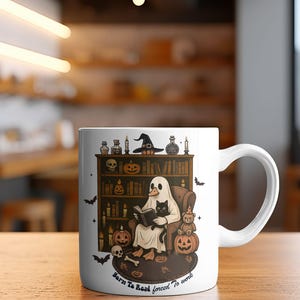 Born To Read Forced To Work Mug | Funny Ghost Reading Coffee Cup | Book Lover Gift | Halloween Bookworm Mug | Spooky Reader Gift