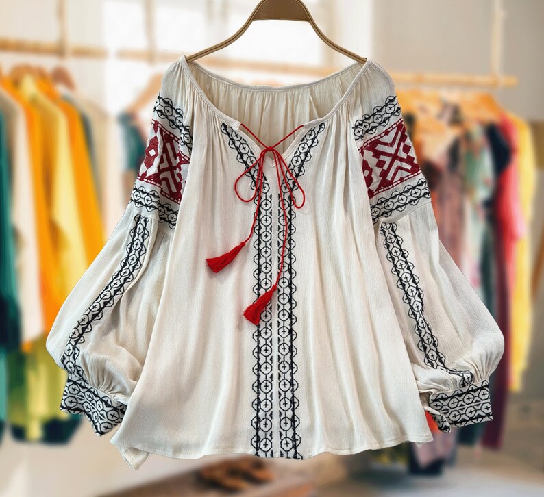 Eleri | Women’s Vintage V-Neck Embroidered Blouse