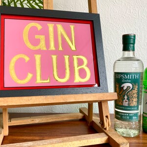 Gold Leaf Gin Club Bar Sign, Hand Painted On Glass With Gold Leaf Lettering, Decorative Gilded Art. Pink And Gold