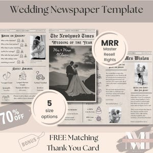 Può includere: Un modello di giornale di nozze dall'estetica vintage. Il design include sezioni per la sposa e lo sposo, premi per gli ospiti e un titolo di 'Matrimonio dell'anno'. Il modello offre cinque opzioni di dimensioni e include un biglietto di ringraziamento abbinato gratuito.