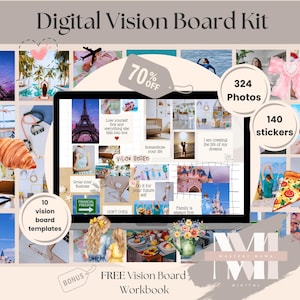 Op de afbeelding: Een digitale vision board kit met 324 foto's, 140 stickers, 10 vision board sjablonen en een gratis werkboek. De kit bevat een verscheidenheid aan afbeeldingen, waaronder reizen, natuur en inspirerende citaten.