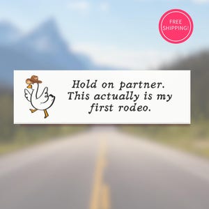 Może przedstawiać: Biała prostokątna naklejka z napisem "Hold on partner. This actually is my first rodeo." przedstawia kreskówkową gęś w kapeluszu kowbojskim. Tło to rozmyty obraz drogi i gór.