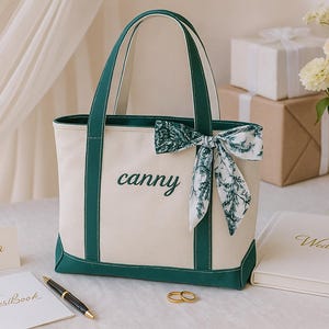 Custom Tote Bag,Embroidered Canvas Tote Bag,Bridesmaid Gift, Custom Text Tote,Bachelorette Gift,Bag with Ribbons,Beach Handbags,Gift for Her