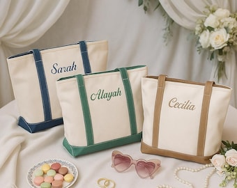Set of 4, 5, 6, 7, 8 Custom Tote Bags,Embroidered Canvas Bag,Bridesmaid Gift,Bachelorette Gift,Bag with Ribbons,Beach Handbags,Gift for Her