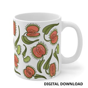 Op de afbeelding: Witte keramische mok met een herhalend patroon van gestileerde Venus vliegenvallen in rood, groen en wit. De mok heeft een gebogen handvat en de tekst "DIGITAL DOWNLOAD" onderaan.