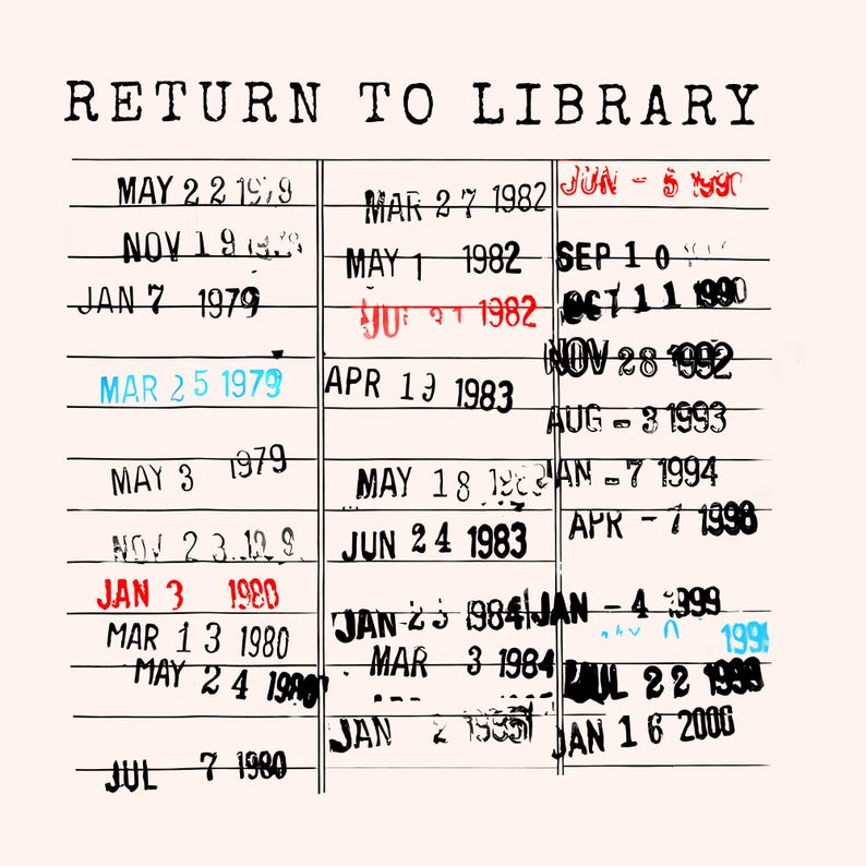May include: A vintage-style print featuring a library card with the words "RETURN TO LIBRARY" at the top. The card is filled with stamped dates in various colors, including blue and red, creating a nostalgic aesthetic.