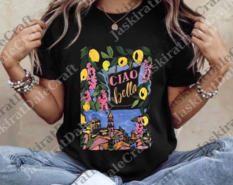 Italian Ciao Bella png, Retro Italy Summer Digital with Lemons & Beach View, Italian Travel Gift for Her, Positano Amalfi png
