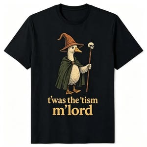 May include: A black short-sleeved t-shirt featuring a graphic of a white duck wearing a brown wizard hat and a dark green cloak. The duck holds a wooden staff topped with a small skull. Below the graphic is the text t'was the 'tism m'lord.