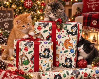 Cartoon Kittens Christmas Wrapping Paper, Cute Cat Gift Wrap, Cat Lover Holiday Gift Wrapping Roll, Holiday Gift Packaging Paper
