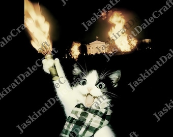 May include: A black and white cat with wide eyes and an open mouth, wearing a plaid scarf, holds a flaming torch. The background shows a building and flames against a dark sky.