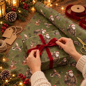May include: A roll and a wrapped gift box featuring olive green wrapping paper with a repeating pattern of Santa Claus, deer, ducks, and pine cones. The gift is tied with a deep red velvet ribbon. A gold pair of scissors sits nearby.