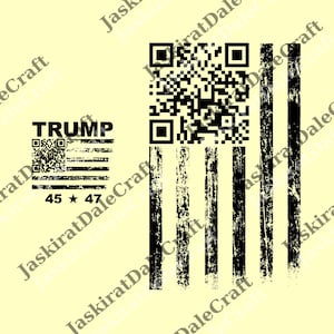 May include: A distressed design featuring the American flag with black stripes and a QR code replacing the stars. The word "TRUMP" is above a smaller flag graphic with a QR code. The numbers "45" and "47" are below the flag.