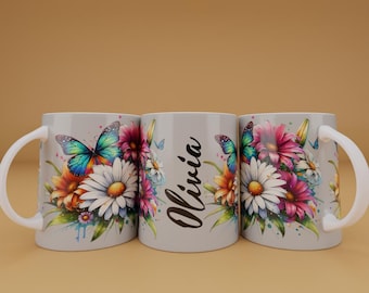 Add Your Name Mug Design, Flower Sublimation Wrap, Floral Mug Wrap,11 & 15 Oz Mug  Sublimation Wrap, butterfly mug png, personalize it