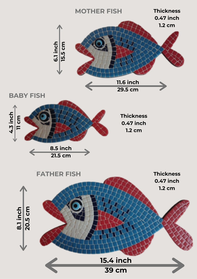 Mosaic 3 Piece Fish Wall Decor, Mosaic Cute Fish Family With Evil Eye ...