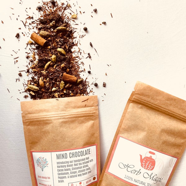 Organic Red Harmony Blend: Cacao, Cinnamon, Cardamom and Ginger Infused Red Tea - Brain Boosting Herbal Brew for Focus and Clarity, Brain