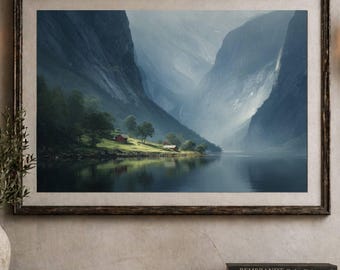 May include: A framed landscape print depicting a serene fjord scene with towering dark mountains, a calm body of water, and small red cabins nestled among green trees on the shoreline. The artwork is displayed in a dark wooden frame.