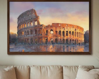 Rome Colosseum Watercolour Wall Art Print, Italy Landmark at Sunset Painting, Warm Architectural Cityscape Decor