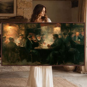 May include: A rectangular framed wall art print depicting a dimly lit tavern scene with several figures wearing flat caps, seated around tables while drinking from glasses. The painting features warm, golden light and deep shadows.