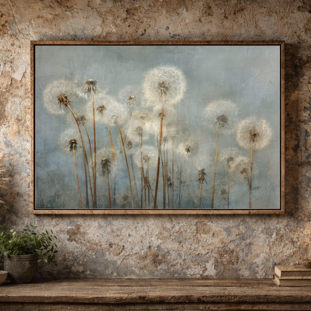 Vintage Dandelion Painting Print | Moody Rustic Blue Grey Wall Art - Etsy