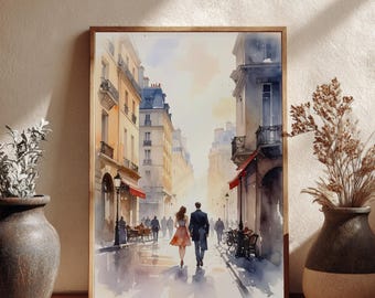Romantic Paris Watercolour | The Perfect Paris Gift - Romantic Couple Walking in Paris - Watercolor Painting