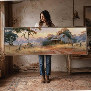 Panoramic Australian Outback Farmhouse Wall Art Print, Bush Art Landscape Canvas, Gum Tree, Homestead Painting