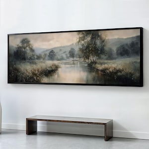 Panoramic River Landscape Wall Art | Oversized Pastoral Countryside Print | Flower Meadow Painting | Rustic Farmhouse Decor