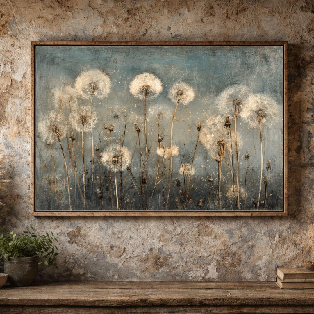 Vintage Dandelion Painting Print | Moody Rustic Blue Grey Wall Art - Etsy