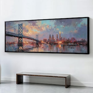 Large Panoramic Benjamin Franklin Bridge Sunset Wall Art, Philadelphia Skyline Oil Painting Print | Home Decor Gift
