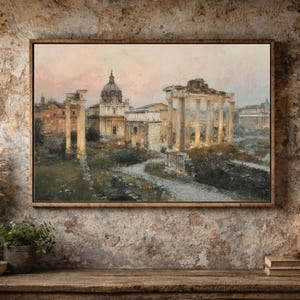 Puede incluir: Una pintura de acuarela enmarcada de antiguas ruinas romanas. La obra de arte representa columnas, edificios y una estructura abovedada, todo iluminado con una iluminación cálida contra un cielo crepuscular. La pintura está enmarcada.