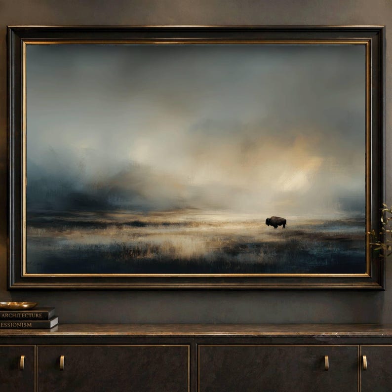 Yellowstone Buffalo Wall Art Print, Moody Bison Landscape Painting ...