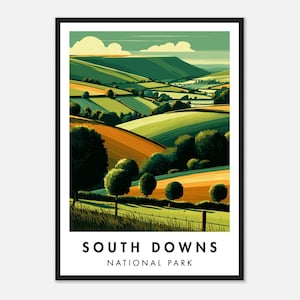 May include: A framed print of the South Downs National Park. The artwork shows rolling green hills, fields of orange and yellow, and trees under a blue sky with white clouds. The text "SOUTH DOWNS NATIONAL PARK" is at the bottom of the print.
