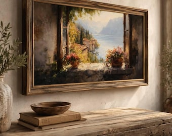 Lake Garda Window View Wall Art, Oversized Horizontal Italian Lake Landscape Print, Large Romantic Mediterranean Village Painting