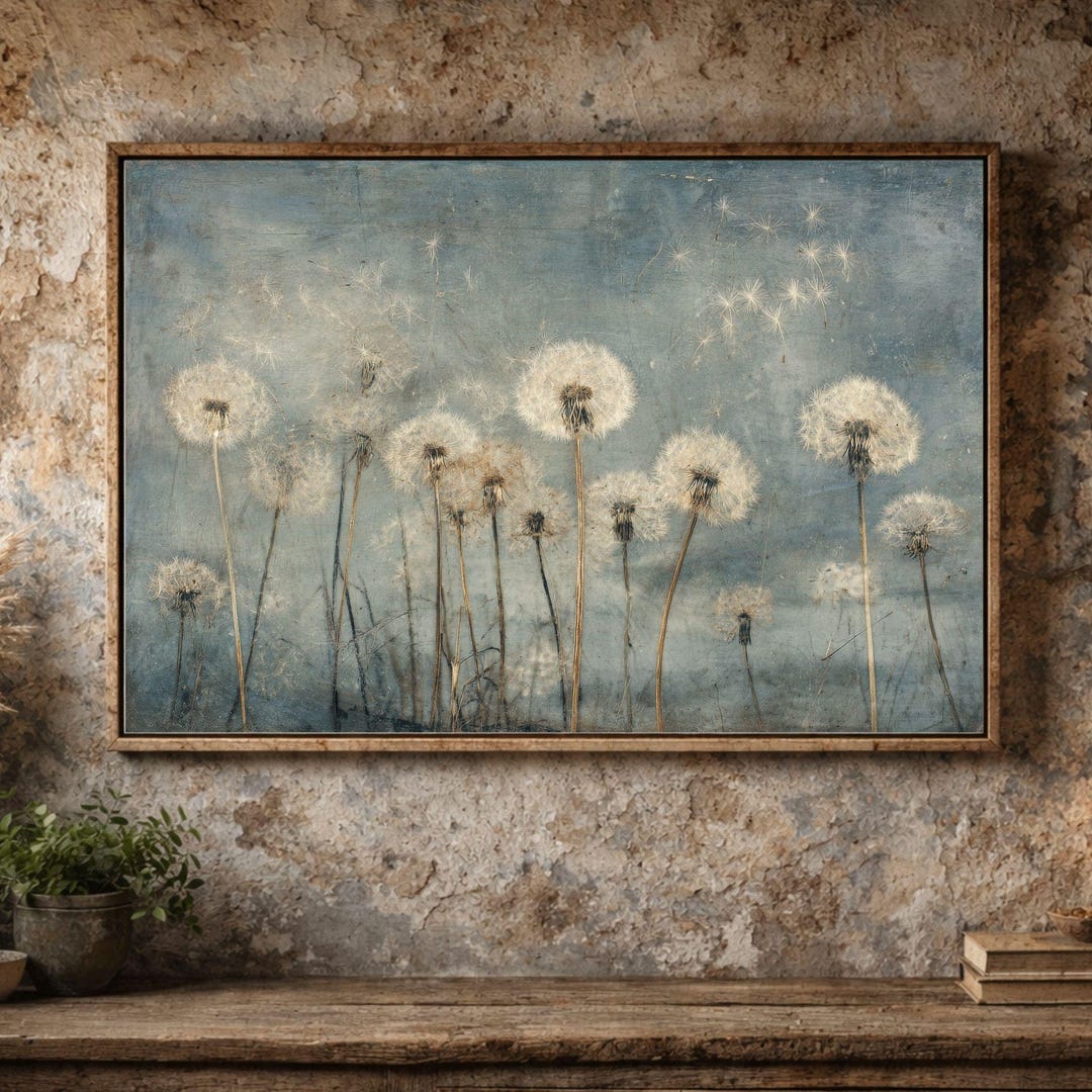 Vintage Dandelion Painting Print | Moody Rustic Blue Grey Wall Art ...