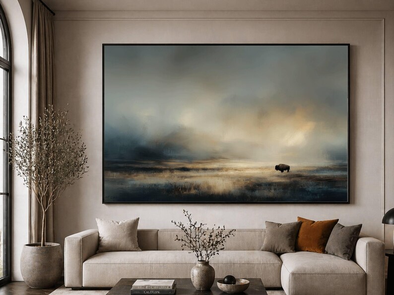 Yellowstone Buffalo Wall Art Print, Moody Bison Landscape Painting ...