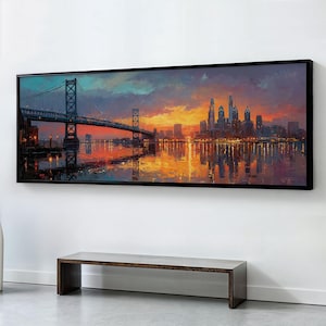 Large Panoramic Benjamin Franklin Bridge Sunset Wall Art, Philadelphia Skyline Oil Painting Print | Home Decor Gift