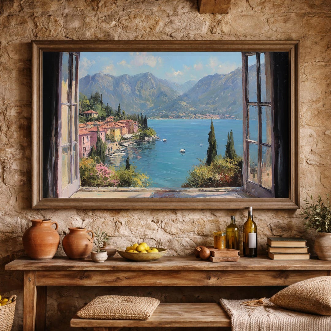 Lake Como Window View Art Print – Italian Lakeside Village & Mountain ...
