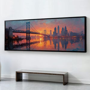 Large Panoramic Benjamin Franklin Bridge Sunset Wall Art, Philadelphia Skyline Oil Painting Print | Home Decor Gift