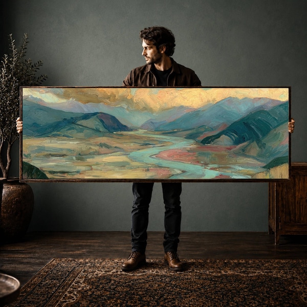 Abstract Mountain River Valley Landscape Print - Oversized Modern Painting Panoramic Wall Art