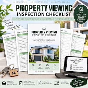 May include: A property viewing inspection checklist document featuring a white house image, room-by-room sections, and checkboxes. Includes a wooden house-shaped keychain, a smartphone displaying digital checklist options, and a silver pen on a dark surface.