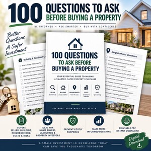 May include: A digital guide titled 100 Questions to Ask Before Buying a Property, featuring a house icon, checklists for building conditions and neighborhood inquiries, and a house-shaped keychain, presented as a printable PDF download.