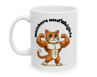 Whiskers and Weights Funny Cat Coffee Mug, Funny Cat Owner Gift, Gift for Workout Mom, Funny Cat Mug