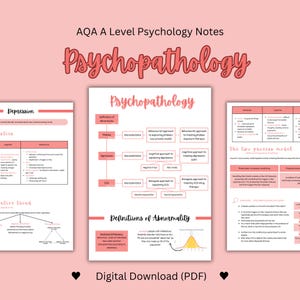 May include: A pink and white printable psychology study guide with the title "Psychopathology" and a diagram explaining the two-process model of phobias. The guide also includes definitions of abnormality and characteristics of phobias, depression, and obsessive-compulsive disorder (OCD).