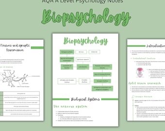 May include: A set of three printable psychology notes with the title "Biopsychology" in green text. The notes cover topics such as neurons and synaptic transmission, biological systems, split brain research, and lateralization.