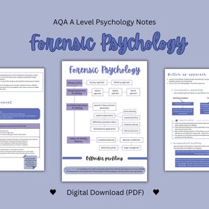 Puede incluir: Una descarga digital de notas de psicología para estudiantes de nivel AQA A. Las notas cubren la psicología forense, incluyendo el perfil del delincuente, los enfoques de arriba hacia abajo y de abajo hacia arriba, y la psicología de la investigación. Las notas se presentan en un formato colorido y organizado con diagramas y texto.